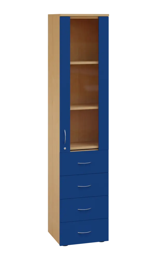 LE - 44 skříň léková prosklená, pravá, korpus javor horský, dvířka královská modř